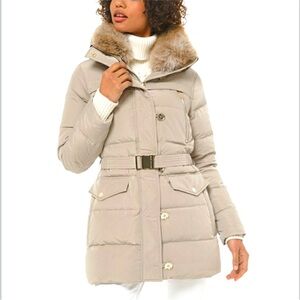 Michael Kors glam Beige Puffer Jacket with Faux Fur Trim